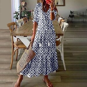 Boho 3/4 Sleeve Navy Ikat Print Maxi Dress V Neck Tassel Tiered Pleated A Line